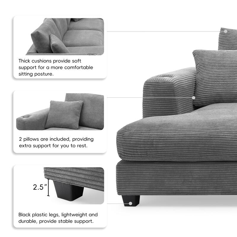 Modern L Shaped Cloud Couch with USB Charging, Cup Holder, and Deep Seat Chaise, Comfy Corduroy Sofa Bed for Living Room