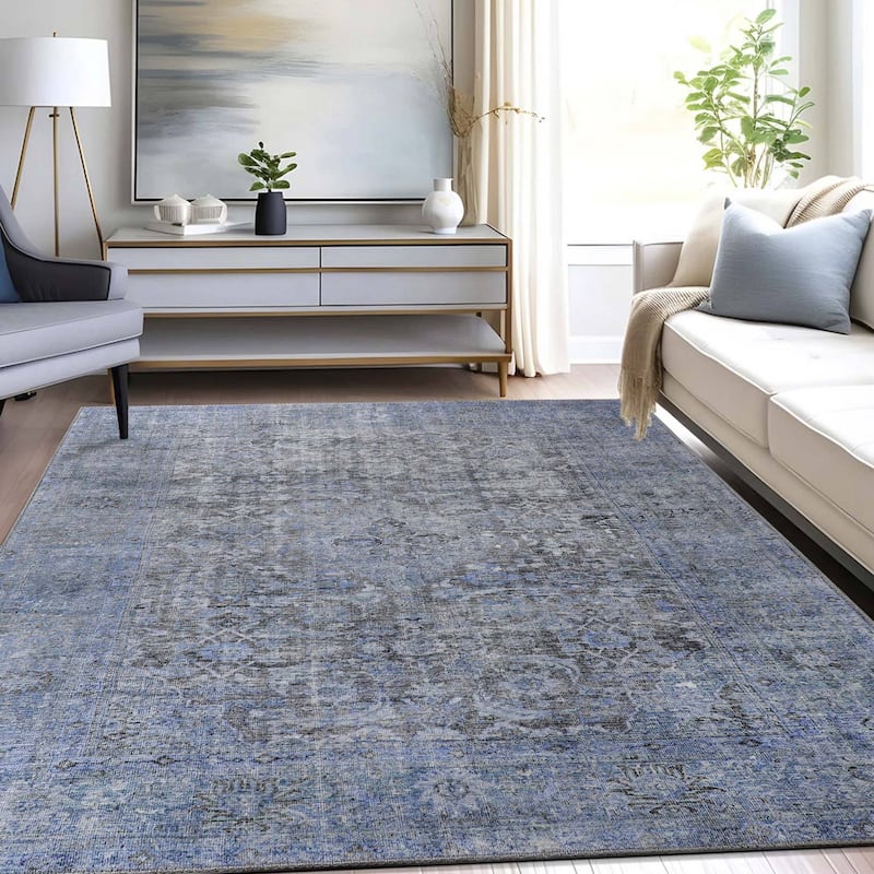 Superior Huda Distressed Rustic Oriental Medallion Indoor Area Rug - 7' 6" x 9' 6" - Azure