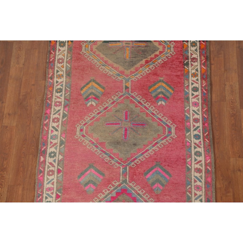 Pink Ardebil Persian Vintage Runner Rug Handmade Wool Carpet - 3'5"x 12'4"