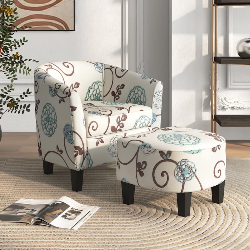 Modern Upholstered Linen Fabric Lounge Armchair with Ottoman and Wood Legs for Living Room - 28" x 25" x 29" (L x W x H) - Beige