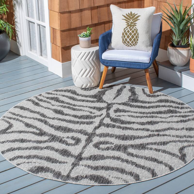 SAFAVIEH Courtyard Kalyonka Indoor/ Outdoor Waterproof Patio Backyard Rug - 6'7" Round - Grey/Black
