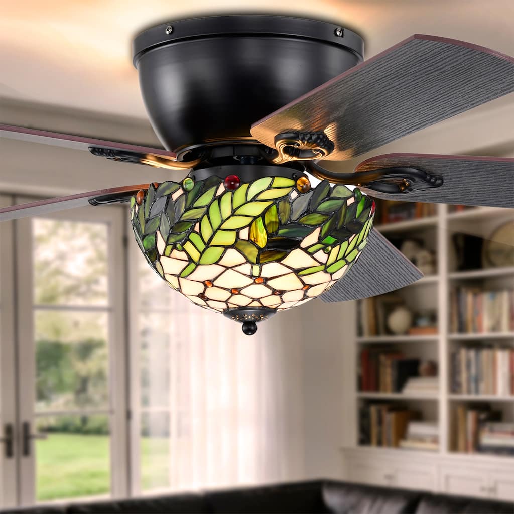 Kyemon 52-Inch Flushmount Lighted Ceiling Fan White Green Fronds Tiffany Glass Lamp Black Finish