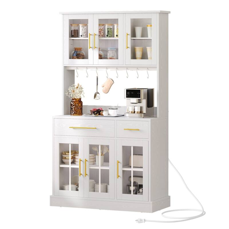 71" Tall Kitchen Pantry Hutch Storage Cabinet with Power Outlet,Freestanding Cupboard Storage Buffet with Drawers & Glass Doors