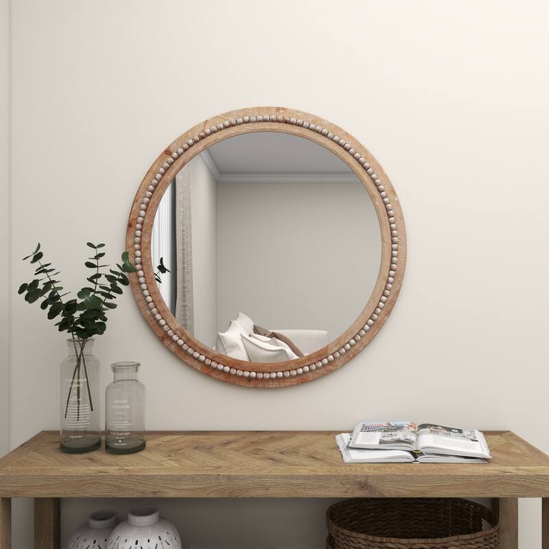 Contemporary Wood Distressed Wall Mirror with Beaded Detailing - Brown or White