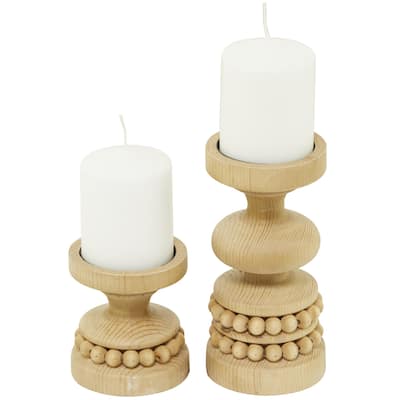Wood Beaded Pillar Candle Holder - Set of 2 Brown or White - Roche River Decor