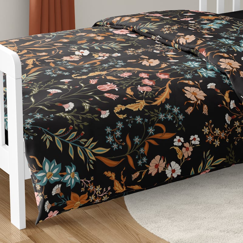 Sweet Jojo Designs Boho Wildflower Vintage Floral Girl 5p Toddler Comforter Set Black Orange Teal Bohemian Farmhouse Cottagecore