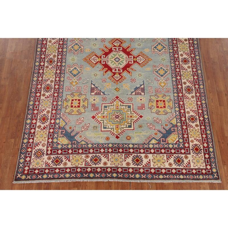 Hand Knotted Oriental 100% Wool Carpet Traditional Geometric Navy Blue & Blues Kazak Area Rug - 9' 8'' X 6' 6''