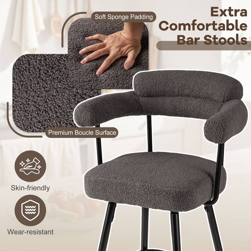 Set of 2 Counter Height Plush Boucle Fabric Bar Stools with Swivel Seat for Kitchen or Cafe - 25" x 21" x 39.5"