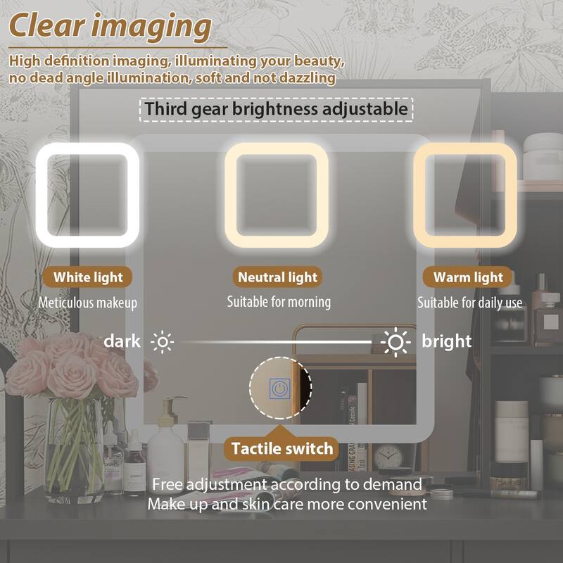 Makeup Vanity Set with Stool and 3 Color Touching Mirror Dresser Table - 39.4"W