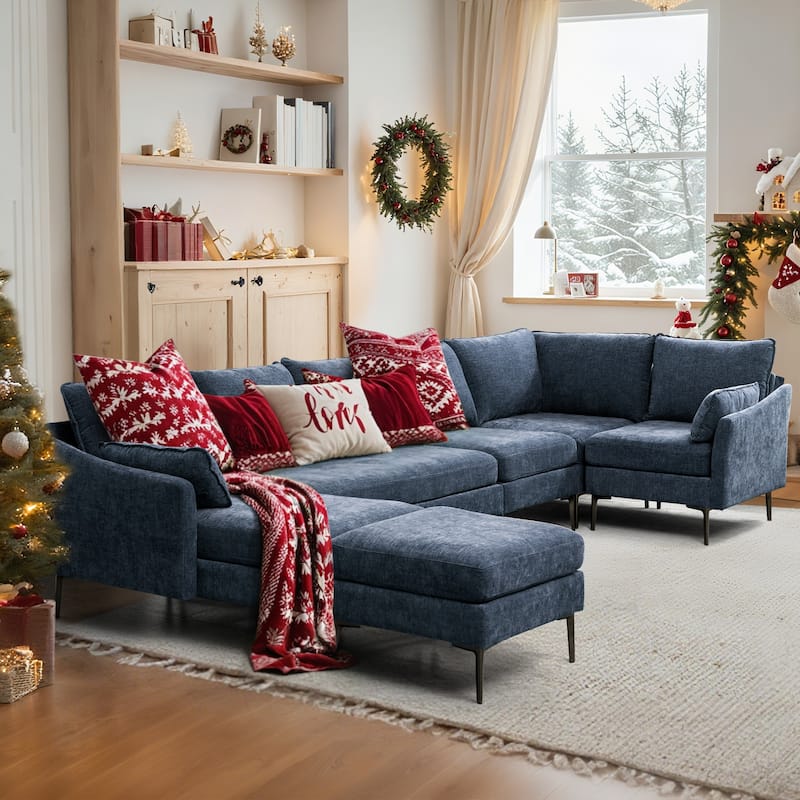 Modern Chenille Sectional Sofa with Reversible Chaise and Ottoman, Perfect for Living Rooms with Sleeper Function