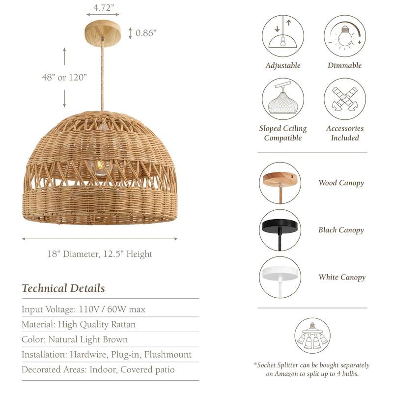 Radiant Rattan Pendant Light - Natural Dome 1-Light Handwoven Light Fixture For Modern, Transitional, Farmhouse Room Decor