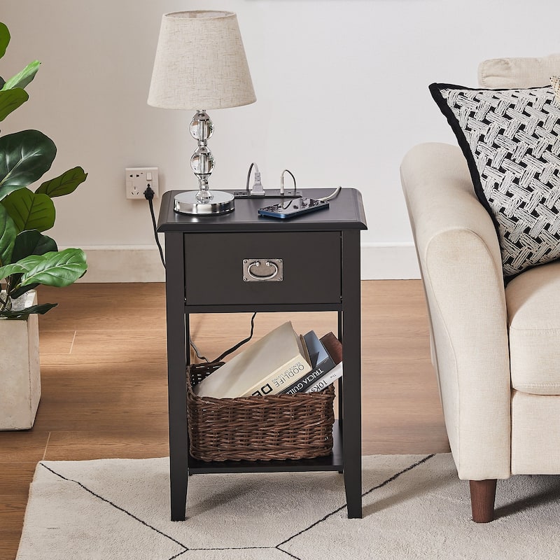 Javlergo Set of 2 Wooden Nightstand with Charging Station, Side End Table with USB Drawer and Open Storage Shelf