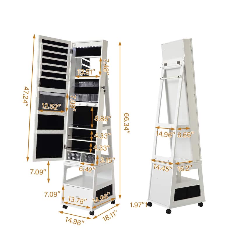 LED Vanity Mirror with Jewelry Storage Drawer, Shelf, Wheels