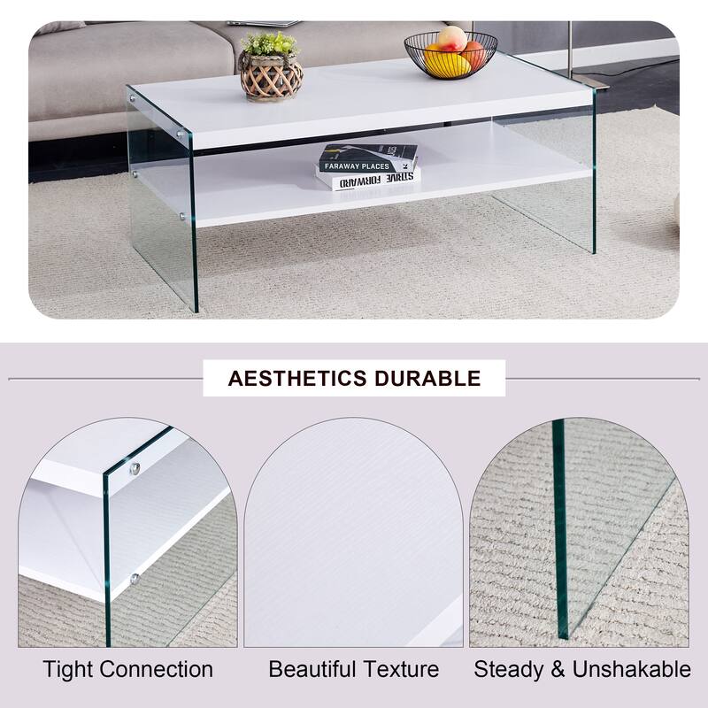 Double Layered Rectangular Coffee Table, Made Of MDF With Wooden Stickers, With Transparent Tempered Glass On Both Side