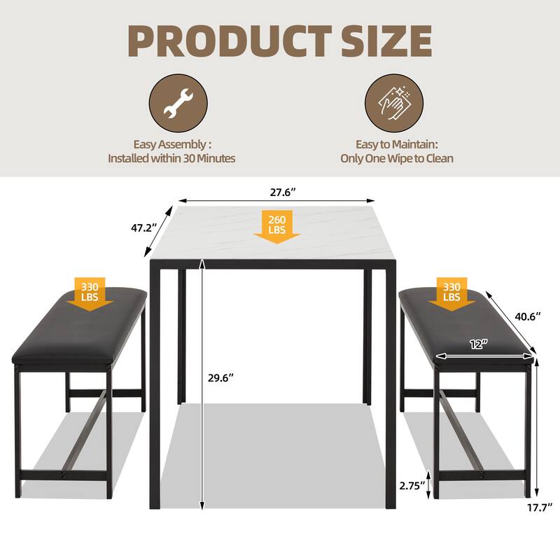 4-6 Person Dining Set with Faux Marble Top, PU Leather Benches and Storage Shelf