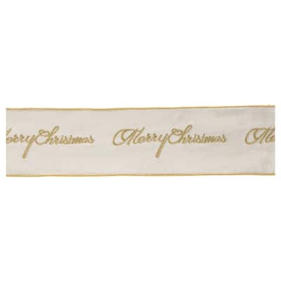 Merry Christmas Wired Ribbon White Gold 4 Inch x 5 Yards for Crafts - 4" x 5 Yds.
