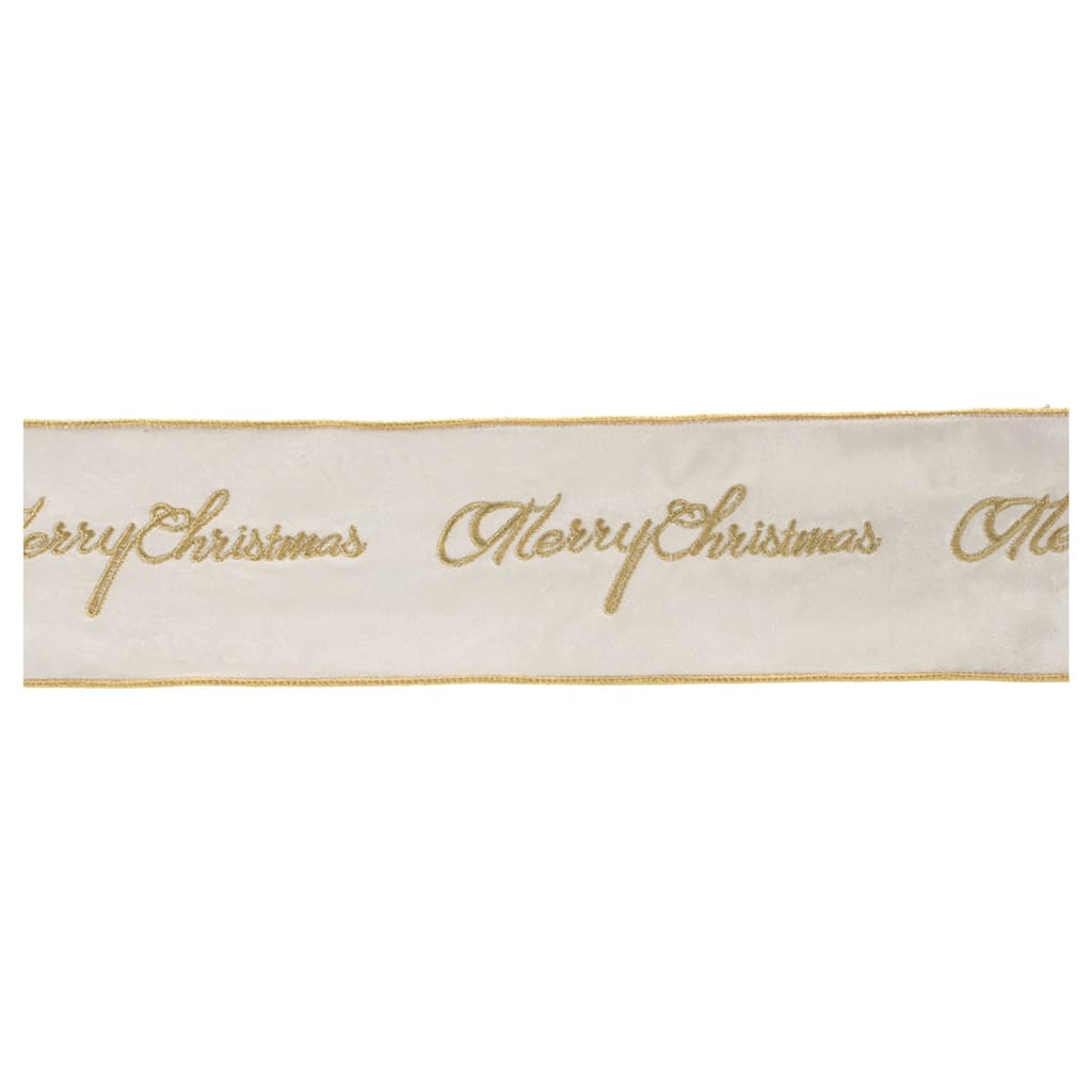 Merry Christmas Wired Ribbon White Gold 4 Inch x 5 Yards for Crafts - 4" x 5 Yds.