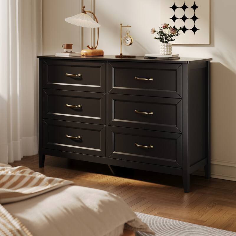 43.3" W 6 Drawer Dresser, Wood Storage Closet Dressers Chest of Drawers for Bedroom - Black