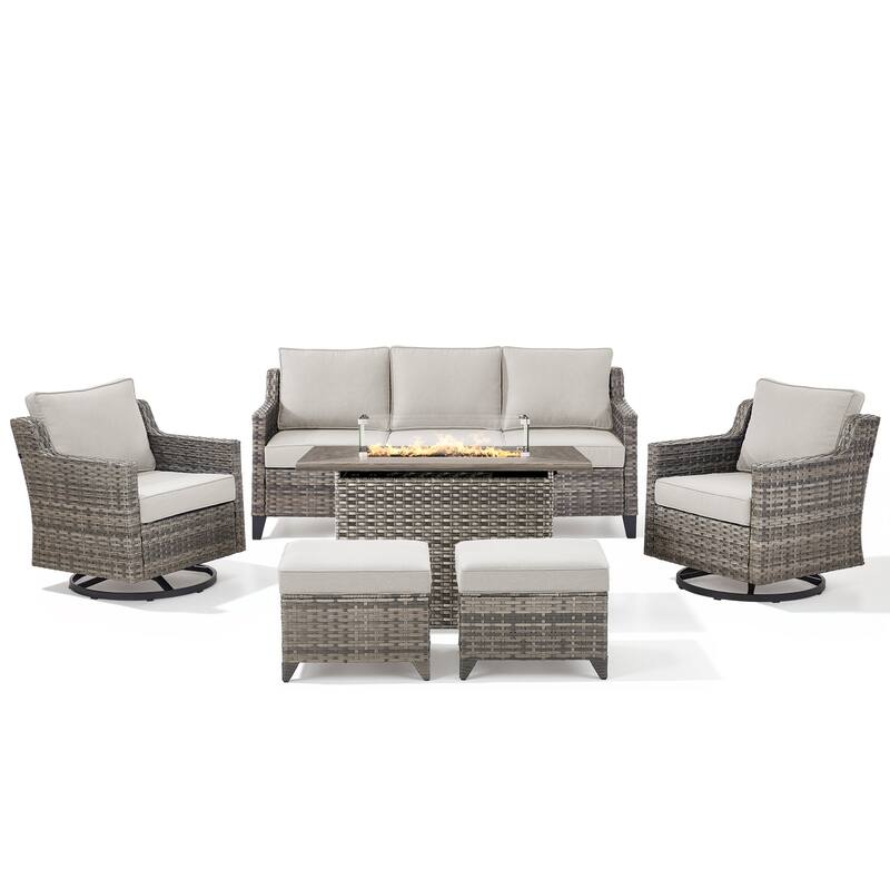 Pocassy 6 Pieces Outdoor Sofa Siwvel Chair Ottoman w/ Fire Table