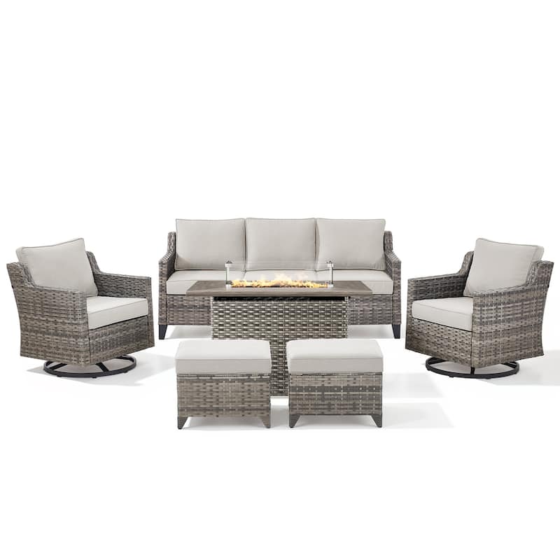 Pocassy Outdoor Swivel Chair with Sofa with Fire Pit Table