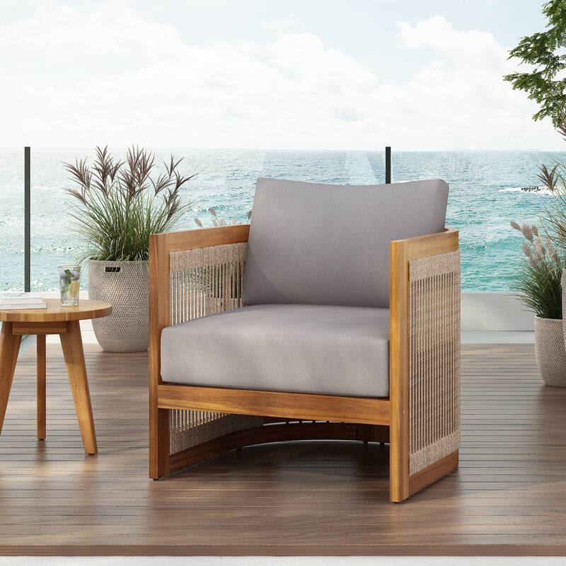 Premium Acacia Wood Outdoor Club Chair, Curved Tub Design with Woven Rope Accents, Water-Resistant Cushions - Grey
