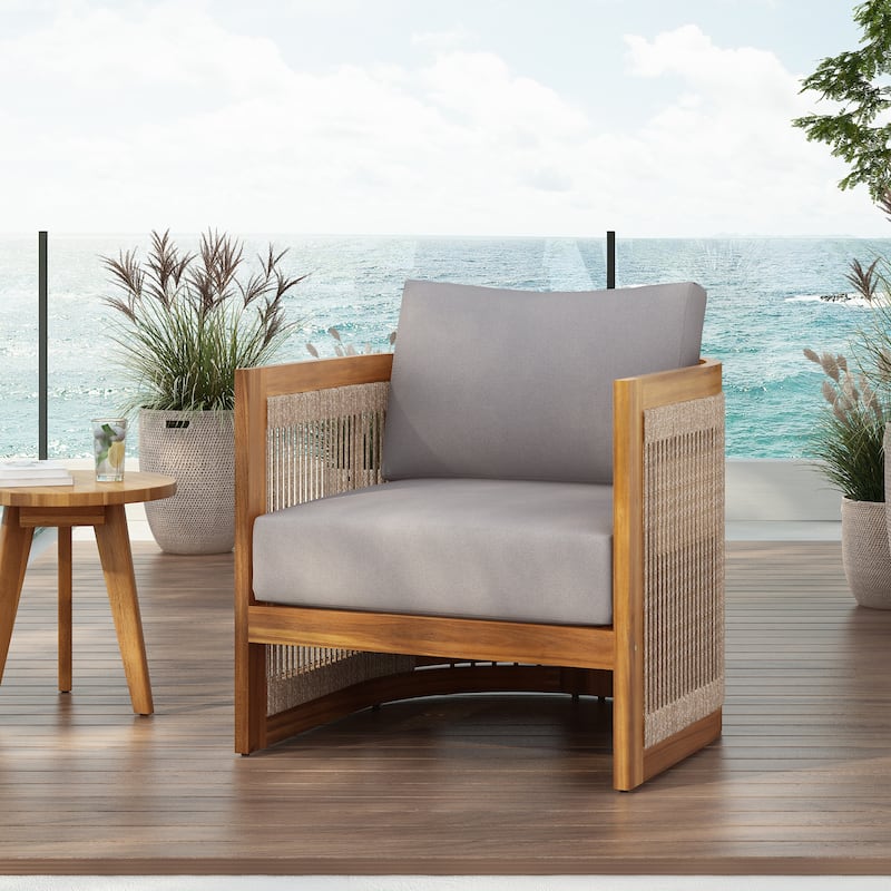 Premium Acacia Wood Outdoor Club Chair, Curved Tub Design with Woven Rope Accents,Water-Resistant Cushions - Gray,Teak