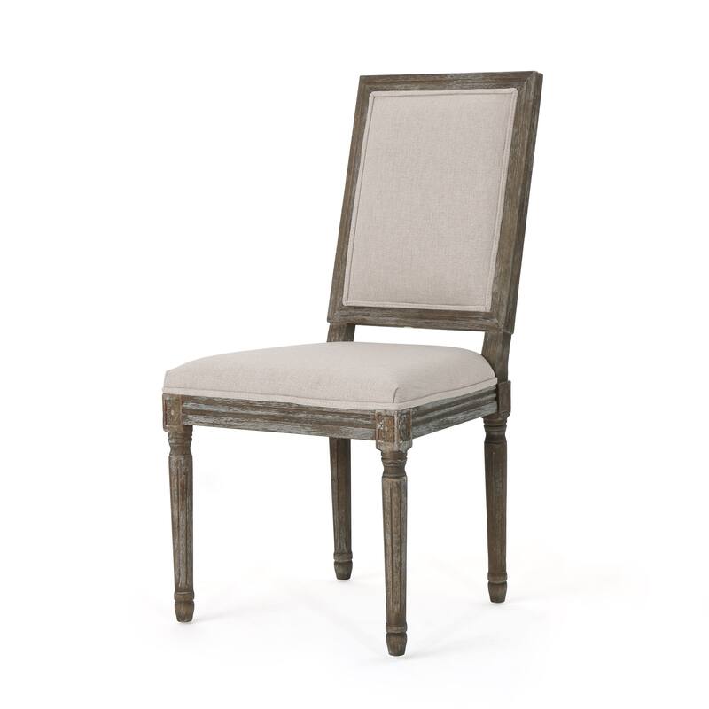 Traditional Style Dining Chairs with Weathered Wood Finish and Fabric Upholstered Seat, for Dining Rooms, Set of 2