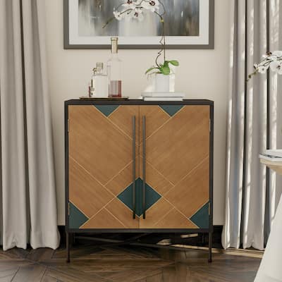 COZAYH Modern Storage Cabinet with Geometric Pattern, Wood Buffet Storage Cabinet with 2 Shelves and Metal Base