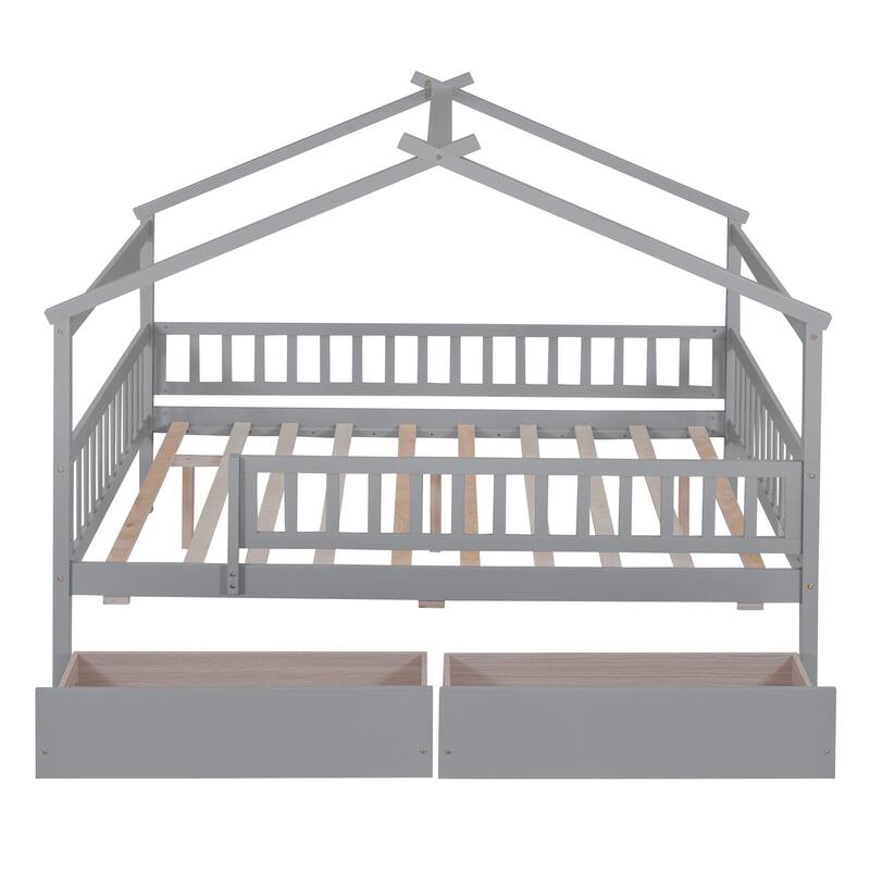 Kids Twin/Full Wooden House Bed with Roof and Storage Drawers, Solid Pine Frame