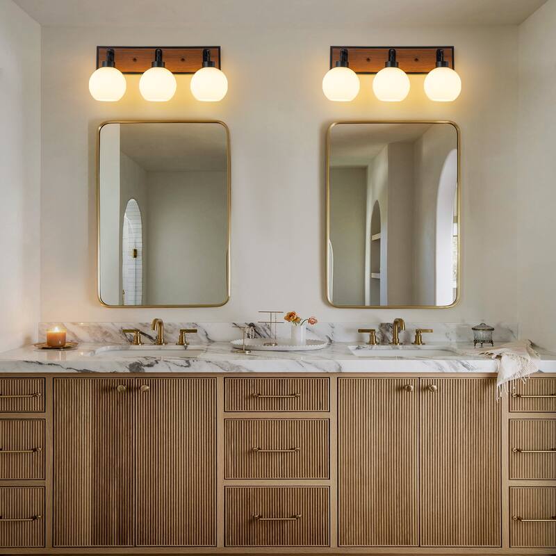Wood Bathroom Vanity Light Fixture with Milk White Glass