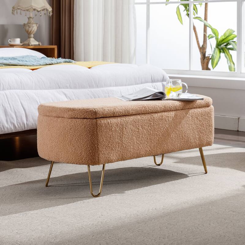 Contemporary Fabric Upholstered Storage Ottoman Bench with Metal Legs - Camel