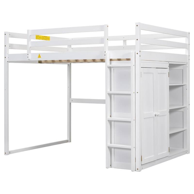 Solid Wood Loft Bed with Built-in Wardrobe and 4-Tier Storage Shelves, Full Size Loft Bedframe with LED Light and Ladder