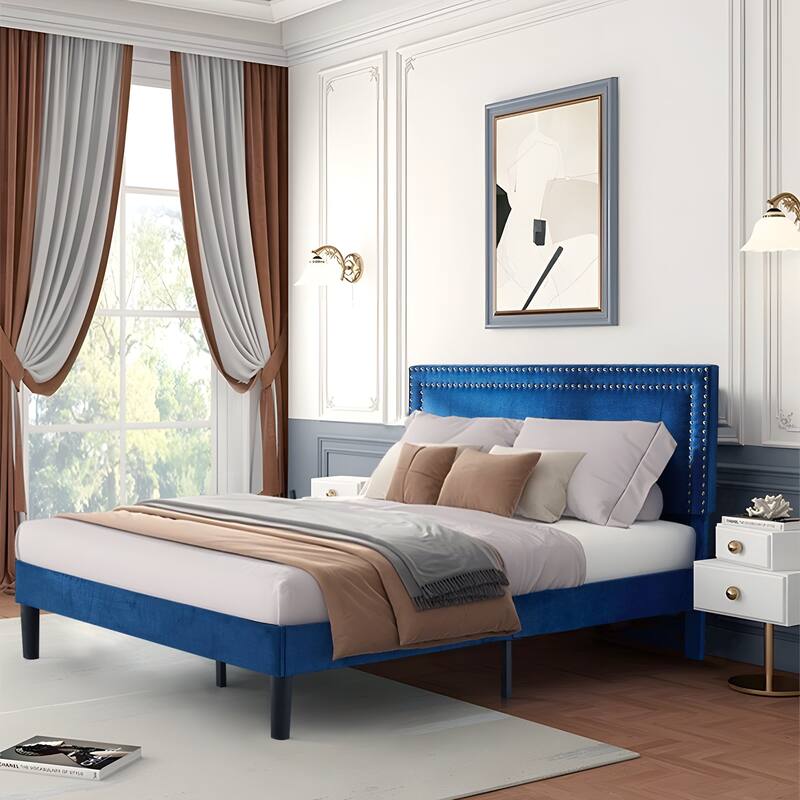 VECELO Upholstered Bed Frames with Height Adjustable Headboard - Dark Blue - Full