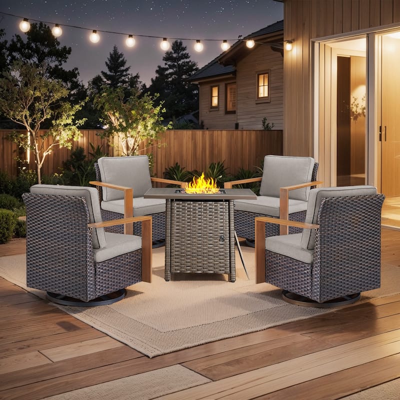 Pocassy 5-Piece Outdoor Swivel Chair with Fire Pit Table Set - Gray cushion - Brown Wicker