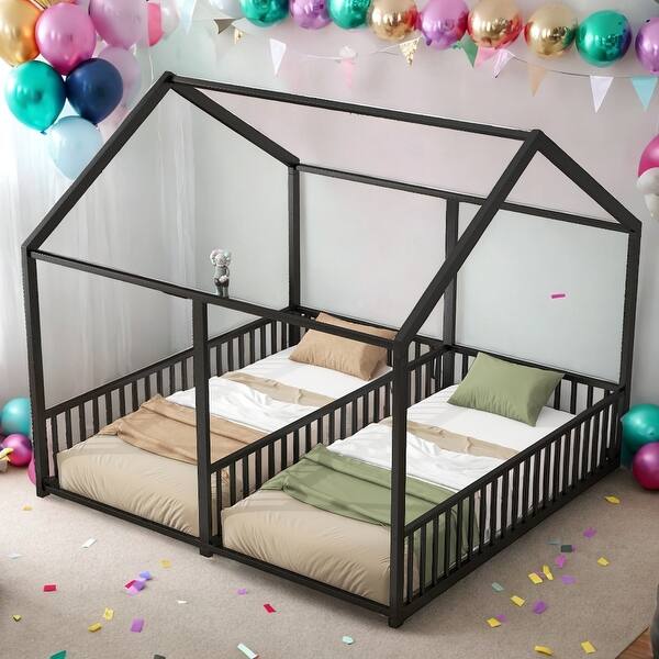 slide 2 of 9, Twin Size Metal House Platform Beds,Two Shared Beds For Home Black