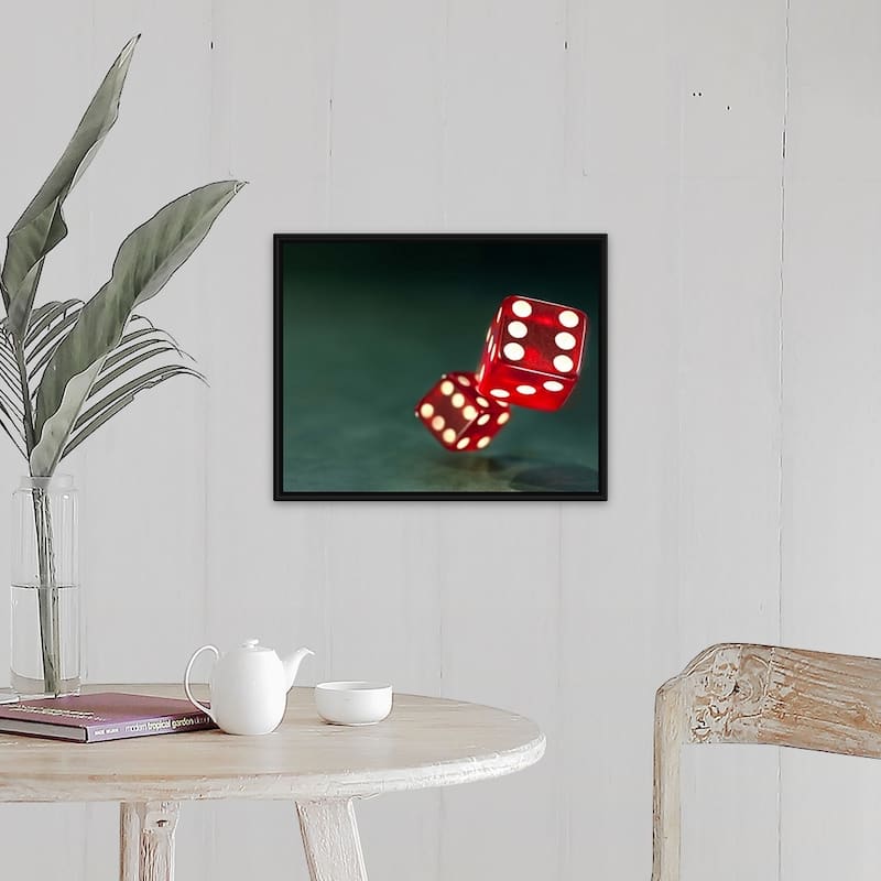"Tumbling red dice" Casino Game Room Black Float Frame Canvas Art - Wood - Includes Hardware - 20 x 16