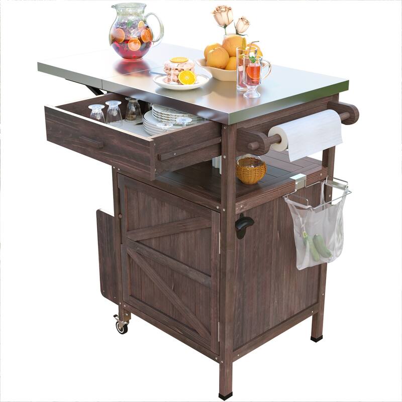 40.5" Outdoor Grill Cart with Stainless Steel Top, Drop Leaf, One Drawer, Towel Rack, Rolling Kitchen Cart with Lockable Wheels