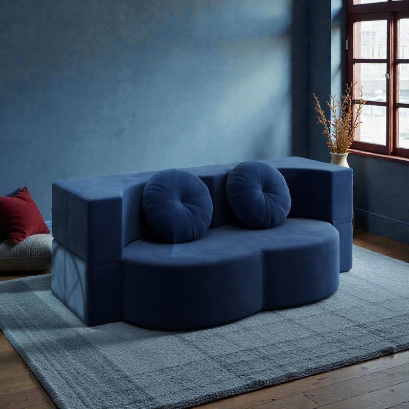 Convertible Floor Sofa Bed with 2 Pillows, Plush Corduroy Foam-Filled Folding Mattress, Full Size Sleeper, No Assembly Needed - Blue