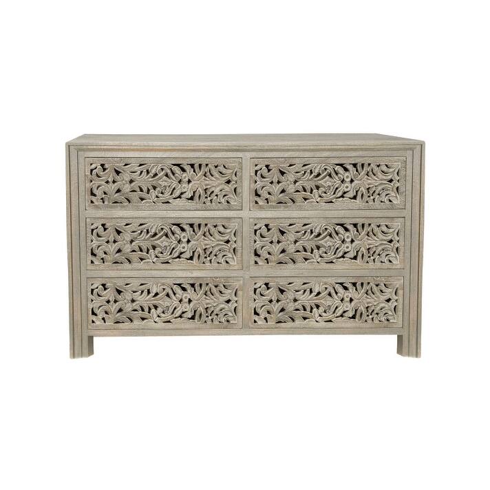 HomeRoots 57" Gray Carved Scrollwork Solid Wood Six Drawer Dresser