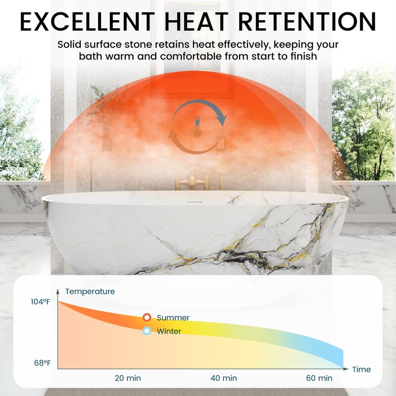 65 in. x 30 in. Solid Surface Freestanding Soaking Bathtub in Matte White with Kunshan Snowflake Marble Pattern, Center Drain