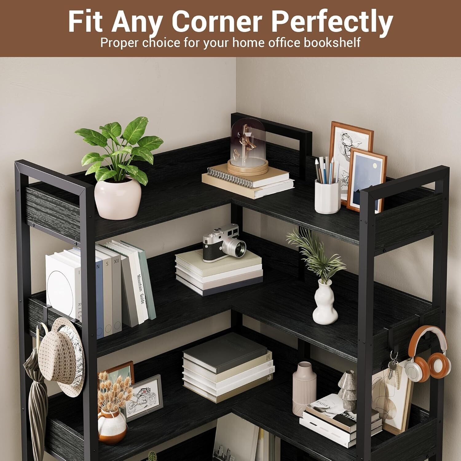 5-Tier Corner Convertible Bookshelf, Industrial Bookcase for