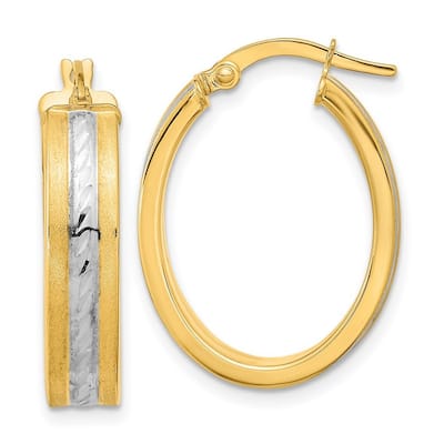 Curata 14k Yellow Gold and White Rhodium Satin Diamond Cut Oval Hoop Earrings 22.9x1.3mm