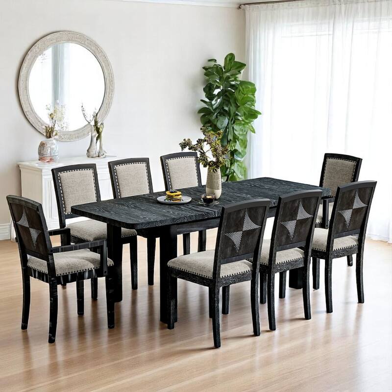 84" Extendable 9-Piece Dining Table Set with 24" Removable Leaf, 6 Upholstered Armless Chairs and 2 Arm Chairs for Dining Room