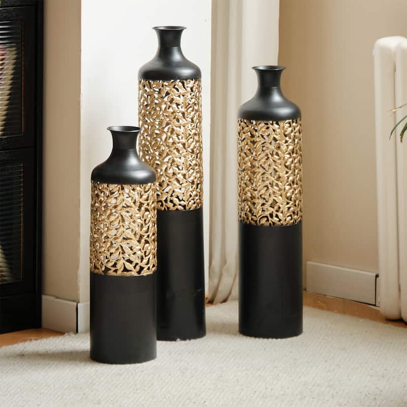 Decorated Floor Glazed Metal Vases (Set of 3)