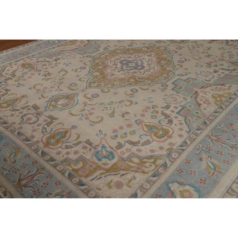 Hand Knotted Oriental 100% Wool Carpet Traditional Floral Beige & Ivories Tabriz Area Rug - 11' 6'' X 9' 7''