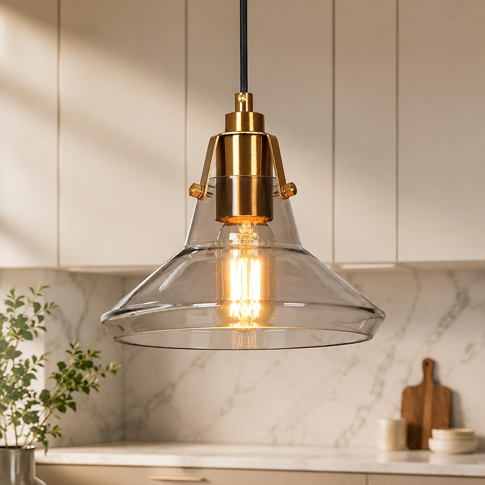Modern Farmhouse 1-Light Black Gold Kitchen Island Pendant Light with Grey Glass - 8.5"Dia