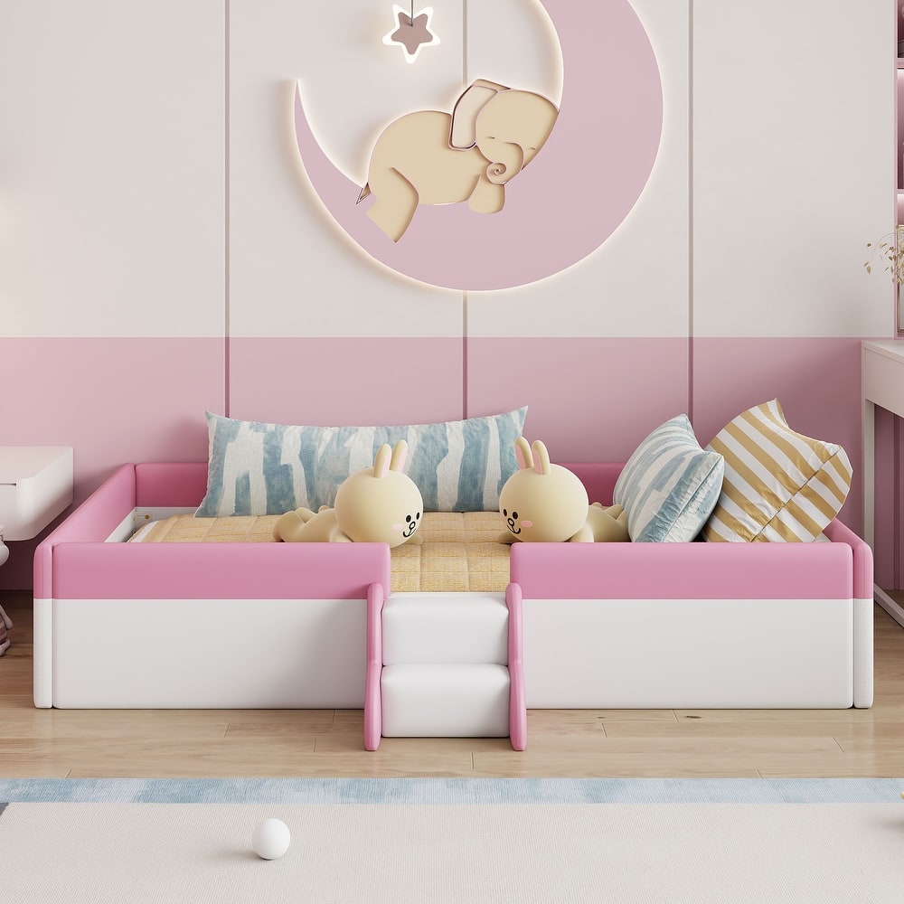 Kids Floor Bed with Fence, PU Upholstered Daybed Frame, Wood Slat Panel Bed w/ Small Stairs for Kids Girls Boys