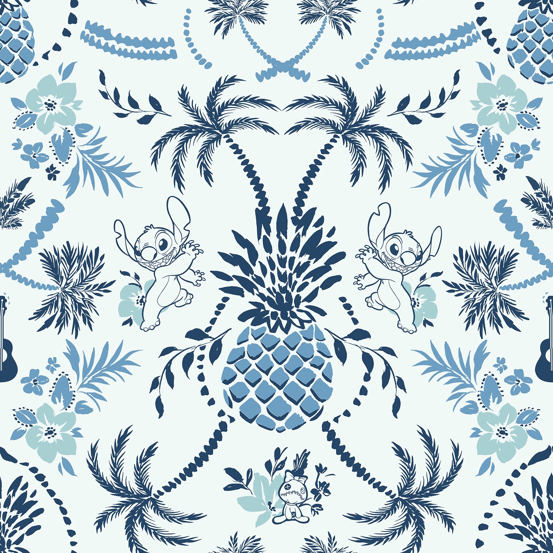 RoomMates Disney Stitch Pineapple Damask Blue Peel and Stick Wallpaper