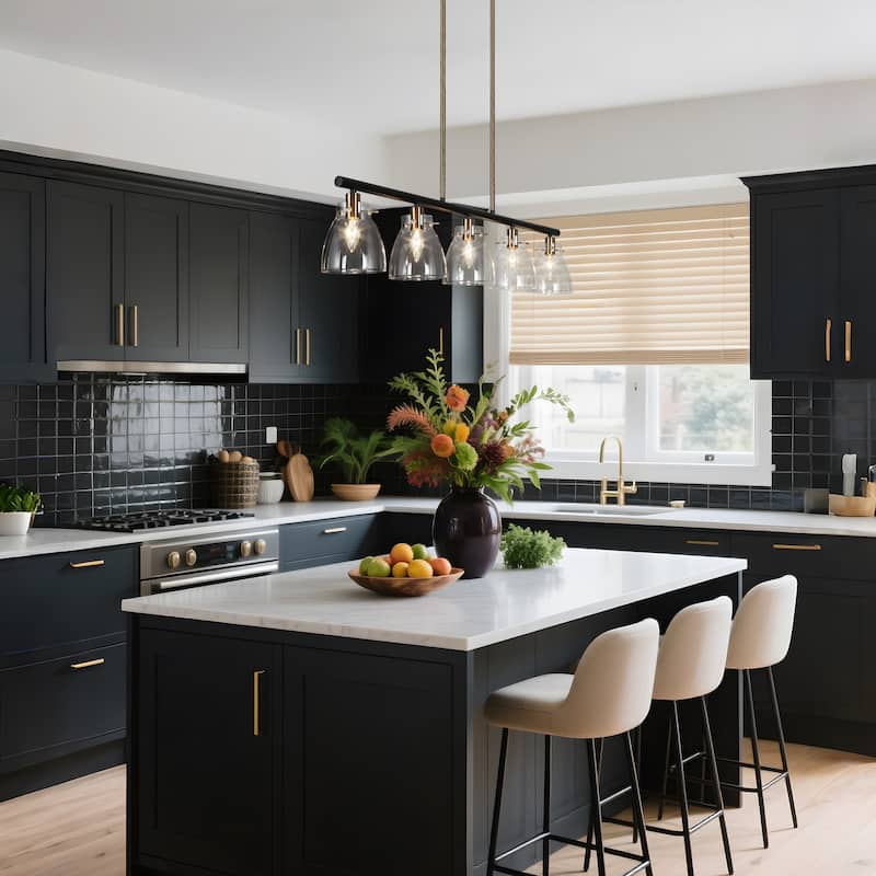 Modern Farmhouse 5-Light Black Gold Chandelier Linear Island Pendant Light for Dining Room - 38"L x 5"W x 7.5"H