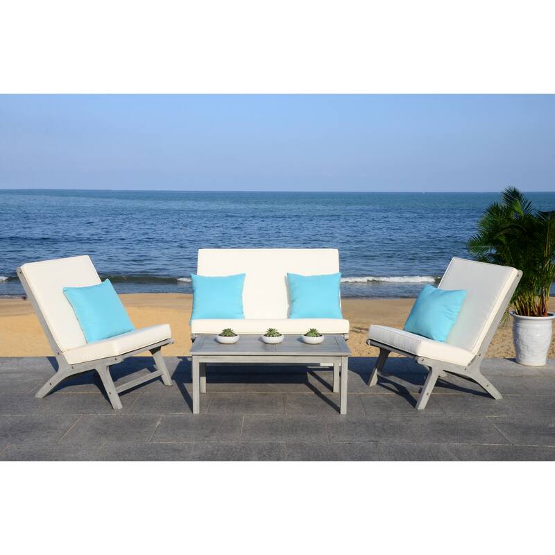 SAFAVIEH Outdoor Aryana 4-Piece Conversation Patio Set with Accent Pillow - 46W x 34D x 32H - Grey Wash/White/Light Blue